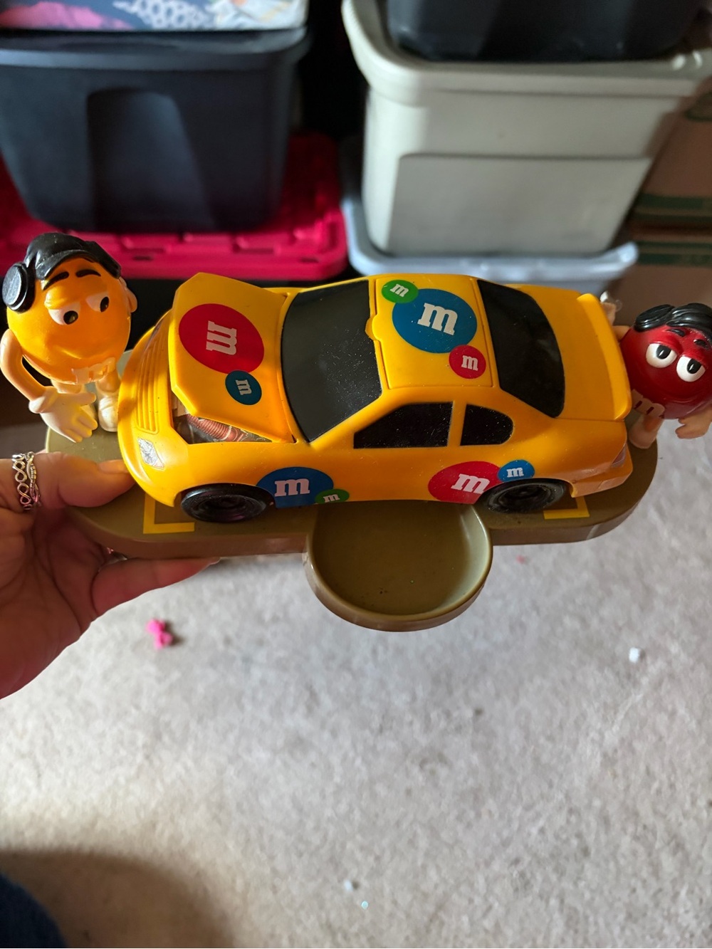 M&M'S Yellow Toy Race Car with Red & Blue M&M Decals and Character Figures